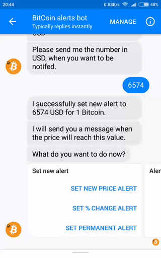 Bitcoin price alert bot in messenger example